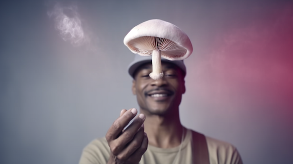 african american man magic mushroom in front of his face